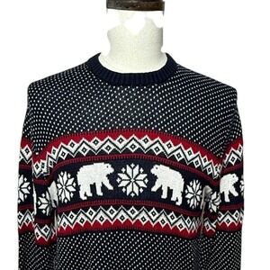 Aspen Sweater Men Medium Red White Blue Crew Neck Fair Isle Polar Bear Birds Eye